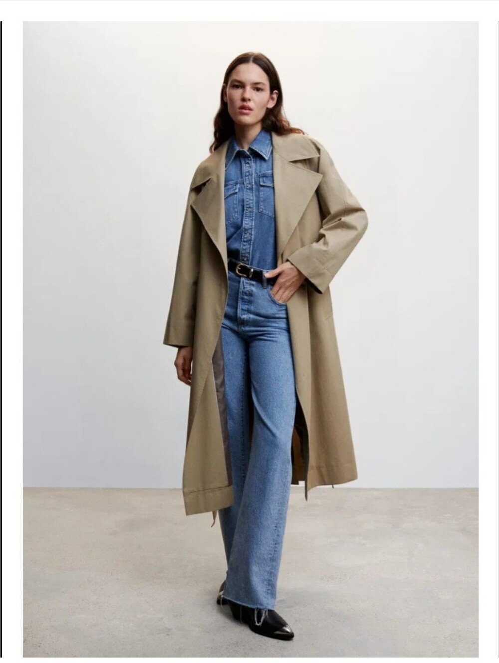 Mango Tan Long Trench Coat with Notched Lapel